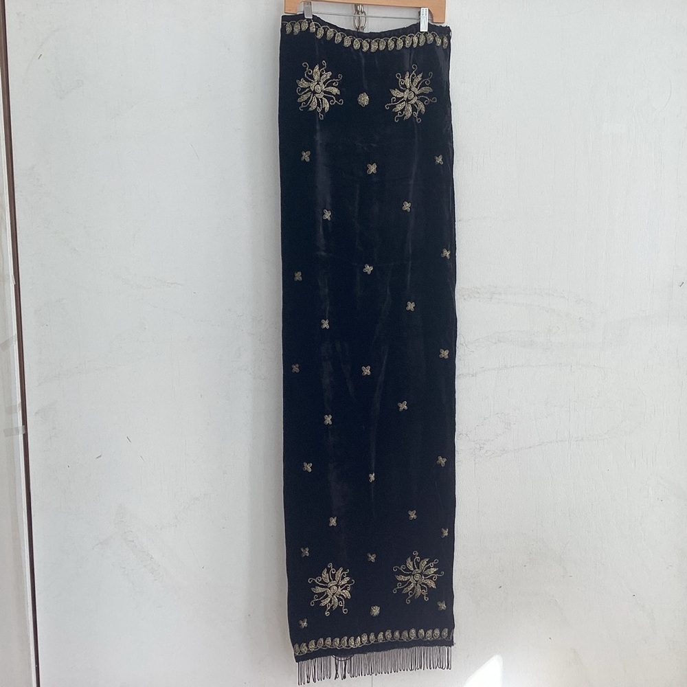 Black Velvet Shawl with Gold colored Embroidery. Back Lined.